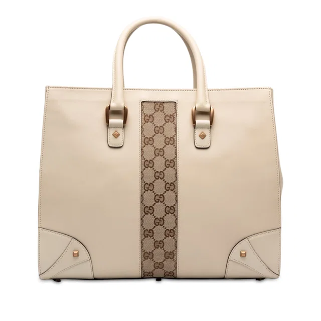 White Gucci Calfskin and GG Canvas Nailhead Tote in White Calfskin from Designer Revival