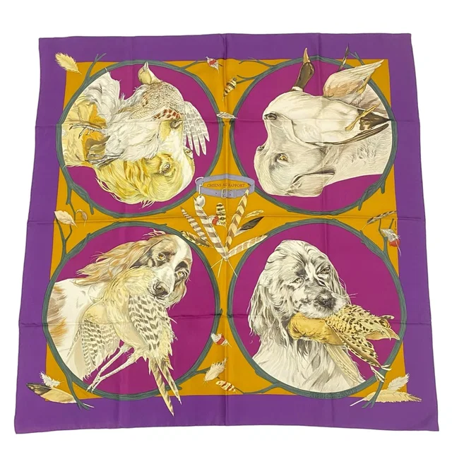 Hermès Carre 90 Scarf Silk Chiens AU Rapport Hound Purple in Purple Silk from The Reluxe