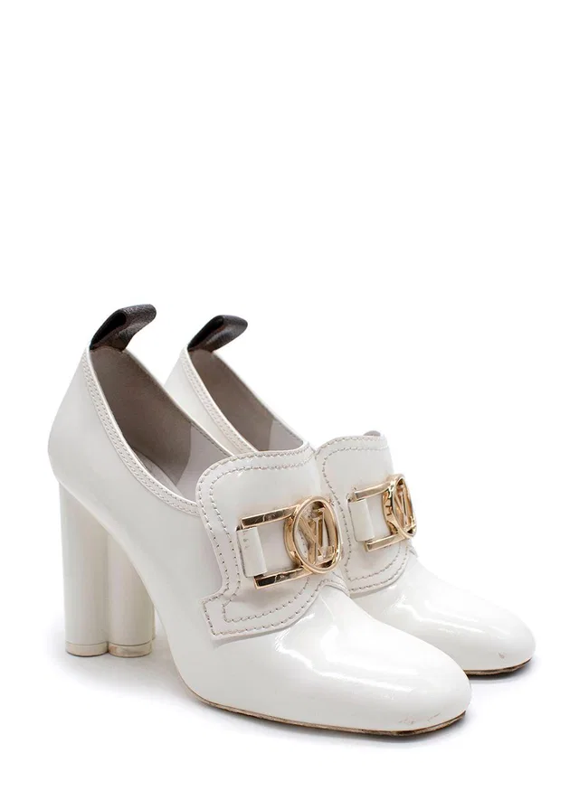 Louis Vuitton White Block Heel Loafer Style Shoes in White Patent leather from HEWI