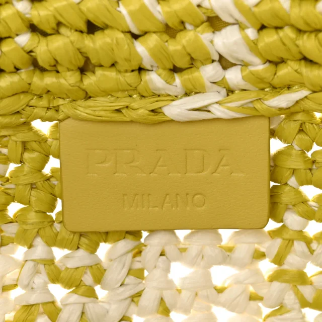 Prada Yarn Raffia Effect Crochet Embroidered Small Logo Tote Citron Yellow in Yellow Raffia from FASHIONPHILE, photo 6 of 9
