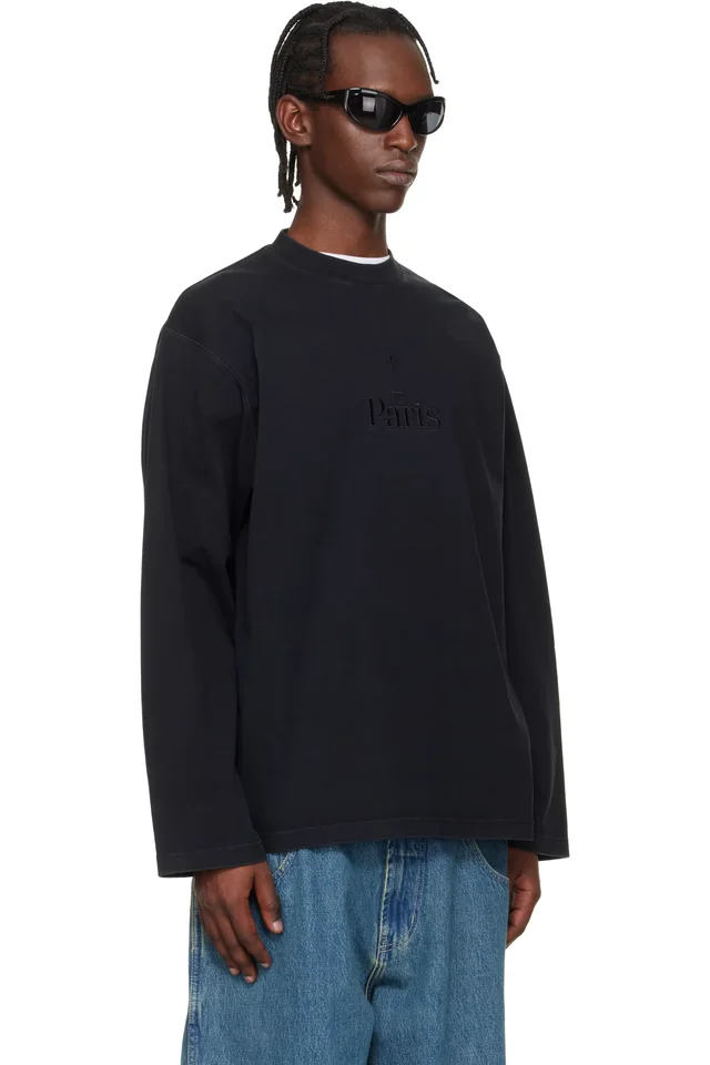 VETEMENTS Black 'Paris' Embroidered Longsleeve T-shirt, photo 2 of 4 from SSENSE