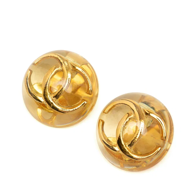 Gold Chanel CC Resin and Gold Plated Clip On Earrings in Gold Resin from Designer Revival