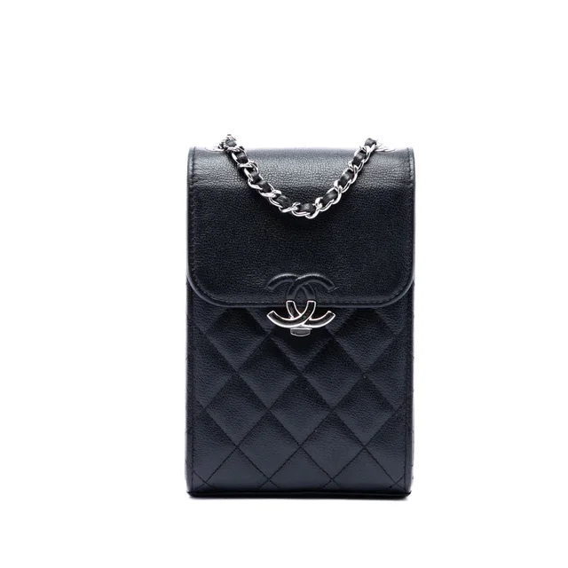 Black Chanel CC Quilted Caviar Phone Holder with Chain Crossbody Bag in Black Caviar leather from Designer Revival