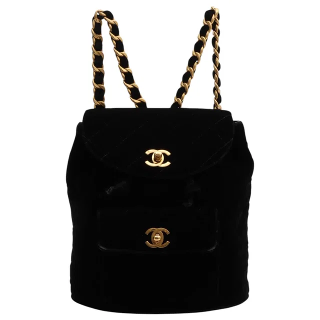 Chanel Velvet Double CC Turnlock Backpack, Black, manufactured circa 1995 in Black Velvet from VINTAGE QOO TOKYO