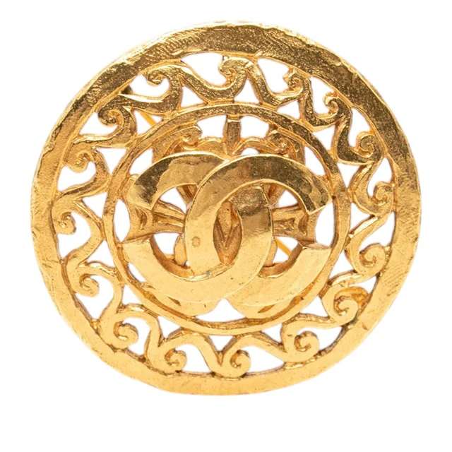 Gold Chanel CC Gold Plated Medallion Round Brooch in Gold from Designer Revival