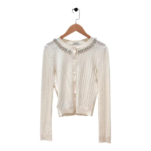 Miu Miu Cream Cashmere Cardigan with Crystals #40 in White Cashmere from Luxury Promise