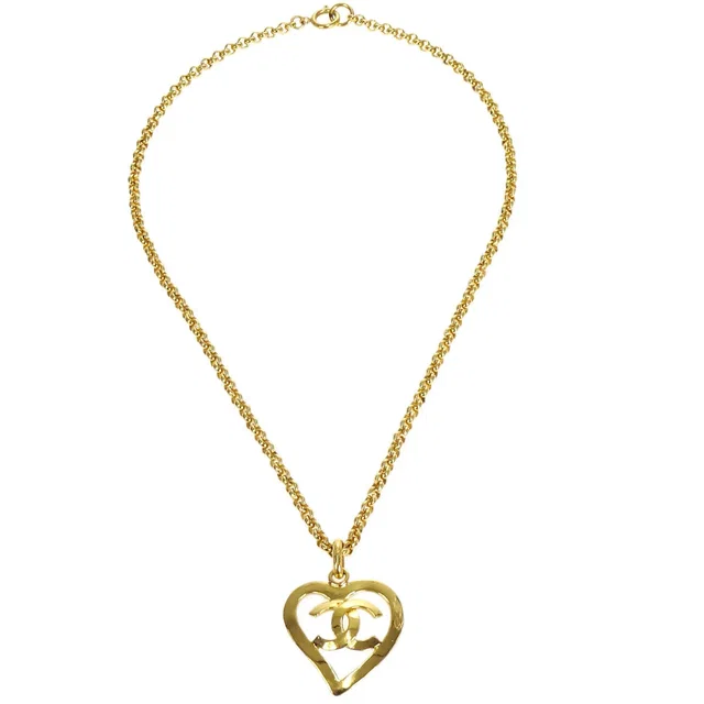 Chanel 1995 Gold CC Heart Cutout Pendant Necklace in Gold from AMORE Vintage Tokyo