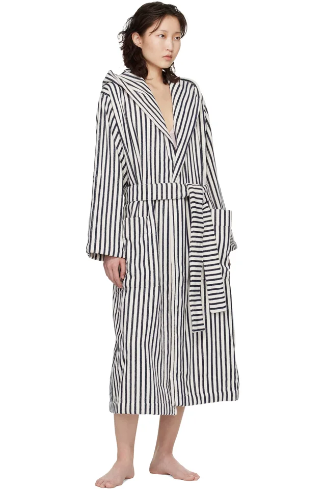 Tekla White & Navy Terry Hooded Bathrobe, photo 4 of 4 from SSENSE