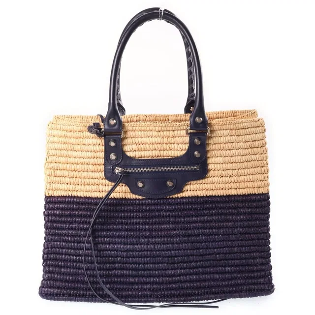 Balenciaga Tote Bag Basket Raffia Leather Bicolor Beige Purple in Beige Raffia from The Reluxe