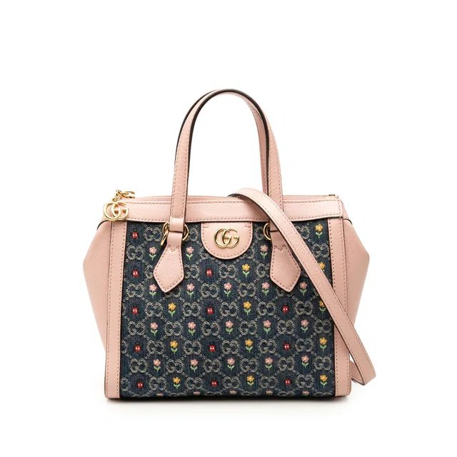 Blue Gucci Small GG Denim Embroidery Ophidia Satchel in Blue Denim from Designer Revival