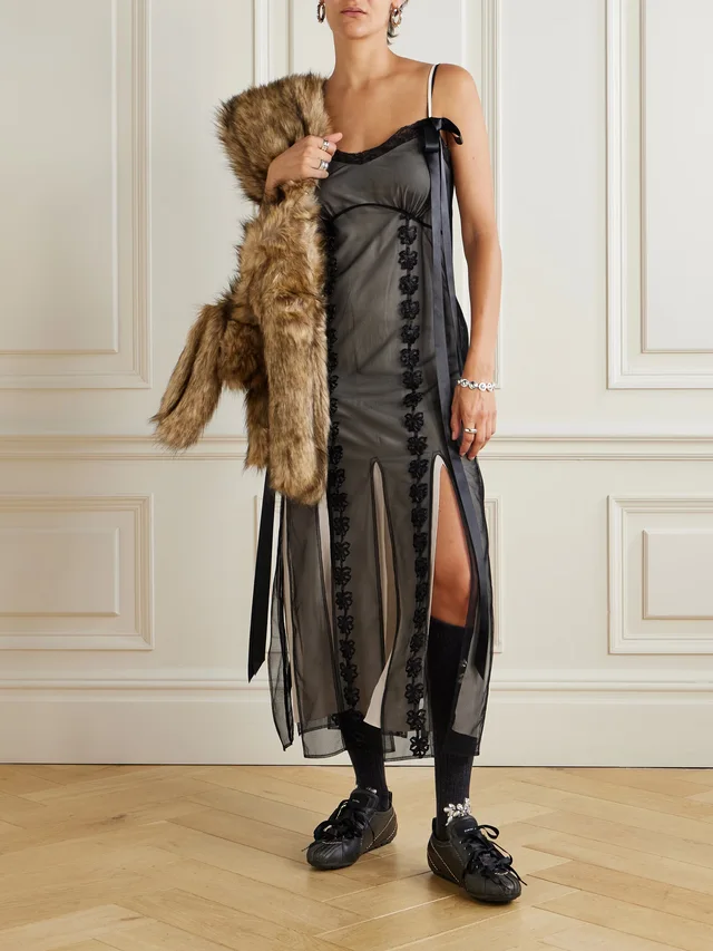SIMONE ROCHA Bow-detailed lace-trimmed chiffon midi dress in Black, photo 2 of 2 from NET-A-PORTER (Canada)