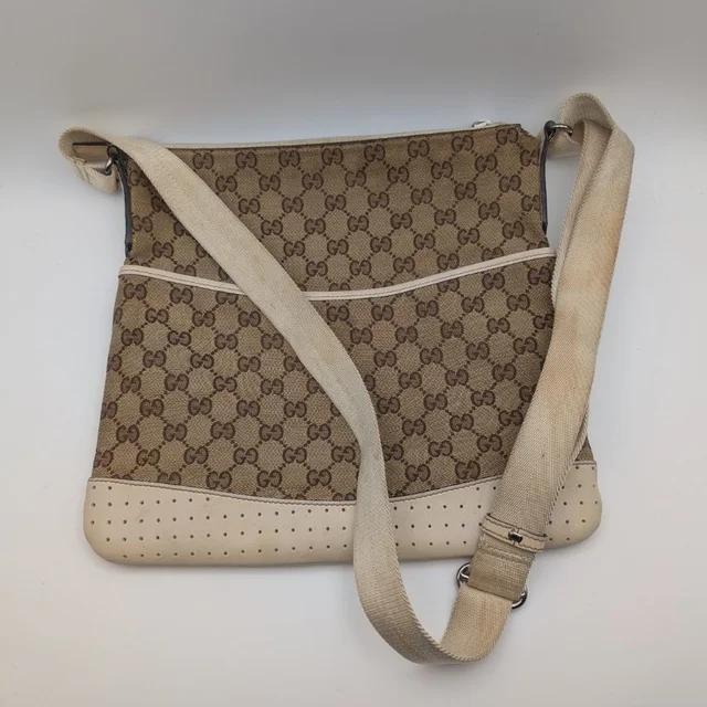 Gucci GG Canvas Shoulder Bag Crossbody Cross Brown White in Brown Canvas from The Reluxe