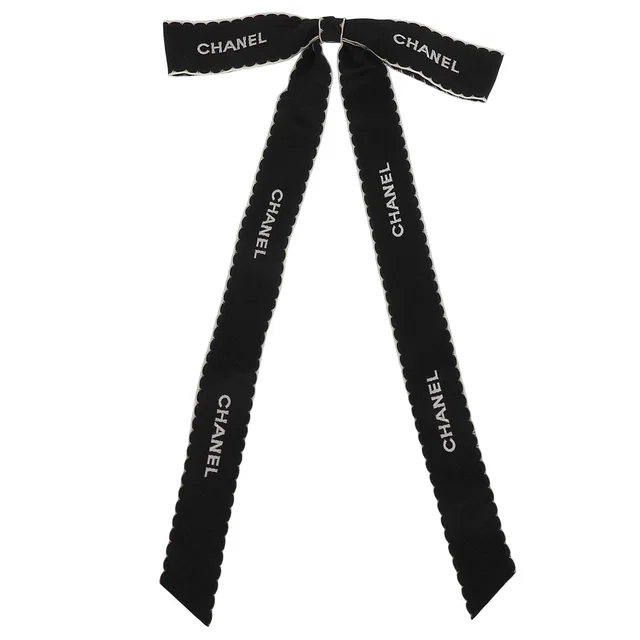 Chanel Logo Ribbon Brooch Black/White in Black Silk from VINTAGE QOO TOKYO