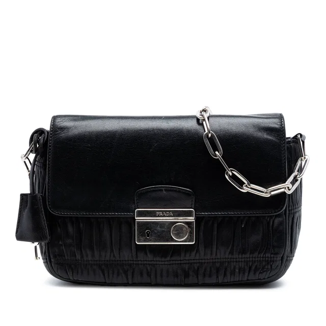 Black Prada Nappa Gaufre Sound Lock Shoulder Bag in Black Nappa leather from Designer Revival