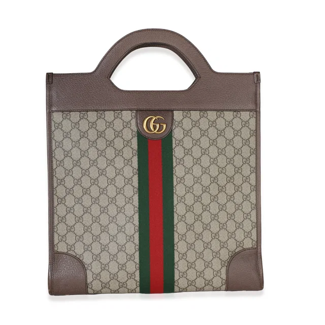 Gucci Beige GG Supreme Canvas Textured Calfskin Web Medium Ophidia Slip Handle T in Beige Calfskin from myGemma