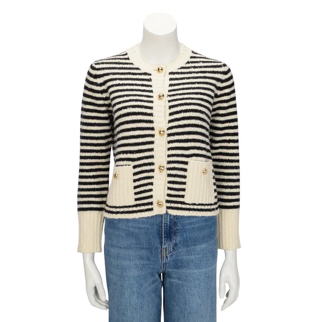 Dior Striped Knit Mariniere Cardigan FR 40 in Ecru & Black Wool from Blue Spinach