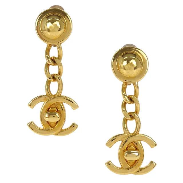 Chanel CC Turnlock Dangle Clip-On Earrings Gold 96A in Gold from AMORE Vintage Tokyo