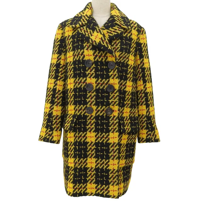 Miu Miu Tweed Check Pattern Long Coat #42 Yellow/Black in Black Tweed from VINTAGE QOO TOKYO
