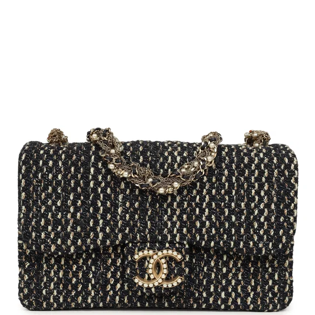 Chanel Small Westminster Pearl Flap Bag Black, Gold, White Tweed Brushed Gold Hardware in Black Tweed from Madison Avenue Couture
