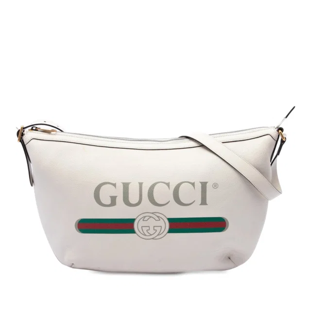 White Gucci Grained Calfskin Logo Half Moon Crossbody in White Caviar leather from Designer Revival