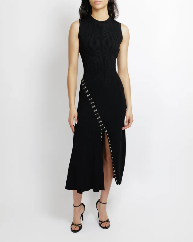 Alexander McQueen Black Ribbed Sleeveless Maxi Dress with Silver Hook Details Size S (UK 8) in Black from Sellier