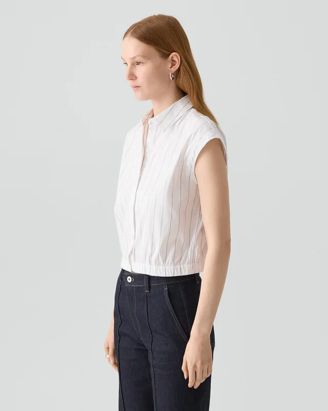 Theory Cap-Sleeve Shirt in Striped Poplin in LAVENDER MULTI, photo 9 of 12 from Theory