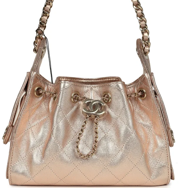 Chanel Mini 25 Hobo Bag Metallic Rose Gold Caviar Light Gold Hardware in Pink Caviar leather from Madison Avenue Couture