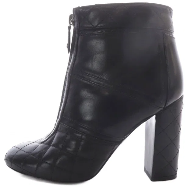 Chanel Quilted Boots Short High Heels Center Zip CC Logo Leather Black in Black Leather from The Reluxe