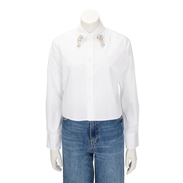 Prada Cotton Crystal Embroidered Poplin Shirt IT 36 in White from Blue Spinach