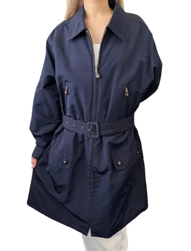Chanel Vintage PO5667 CC Logo Long Coat Jacket #38 Zip Pocket Belt Dark Blue in Blue from Luxury Promise