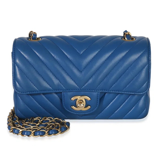 Chanel Blue Lambskin Chevron Mini Rectangular Flap Bag Leather Handbag in Blue Lambskin from HEWI