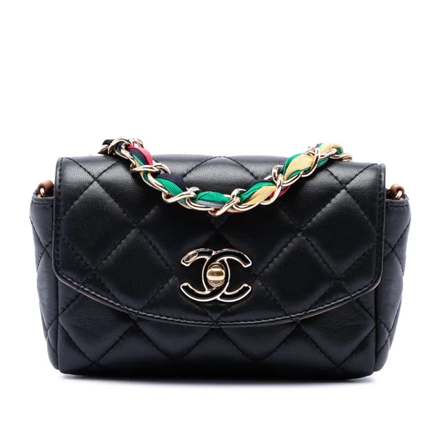 Black Chanel Mini Quilted Lambskin Cocovado Ribbon Chain Flap Crossbody Bag in Black Lambskin from Designer Revival