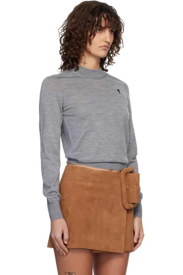 AMI Paris Gray Wool Crewneck Ami de Coeur Sweater, photo 2 of 2 from SSENSE