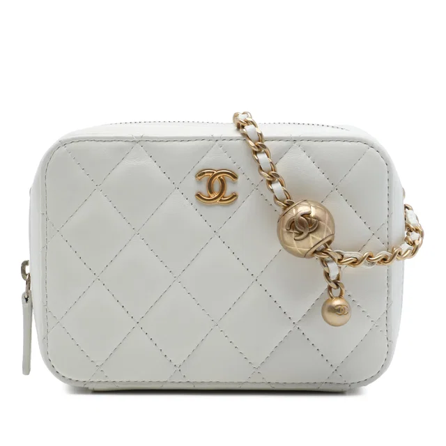 White Chanel CC Quilted Lambskin Pearl Crush Camera Bag in White Lambskin from Designer Revival