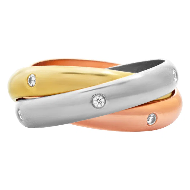 Cartier Trinity ring with 0.18 carat in diamond accents. Size 54 in White Gold, Yellow Gold, Pink Gold from Gray And Sons