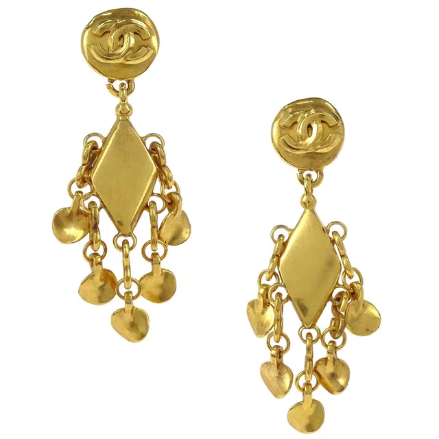 Chanel Gold Button Rhombus Dangle Clip-On Earrings 96P in Gold from AMORE Vintage Tokyo