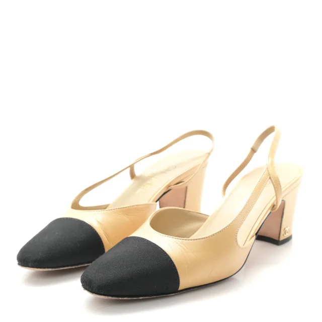 Chanel Grosgrain Cap Toe CC Slingback Pumps 38.5 Beige Black in Black Goatskin from FASHIONPHILE, photo 4 of 9