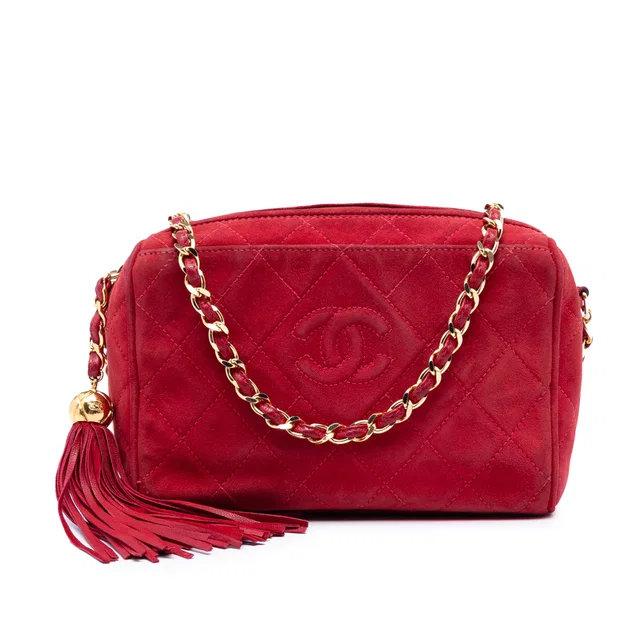 Red Chanel CC Quilted Suede Tassel Diamond Camera Bag in Red Suede from Designer Revival