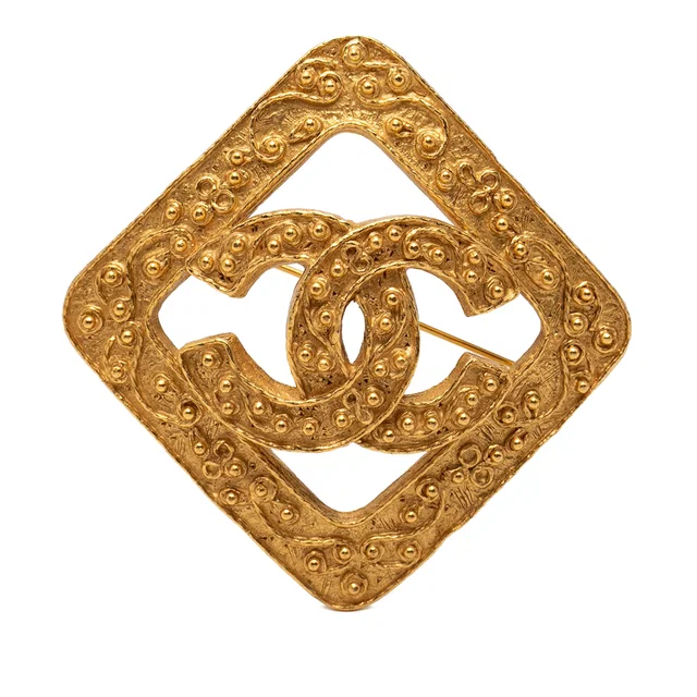 Gold Chanel CC Gold Plated Rhombus Diamond Brooch in Gold from Designer Revival