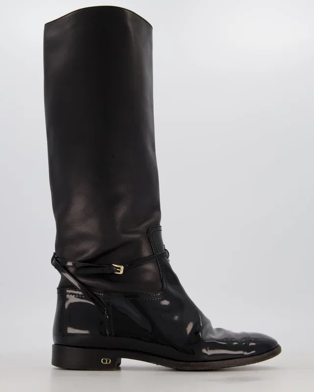 Dior Black Patent and Leather Riding Boots with CD Logo Detail Size EU 37 in Black Patent leather from Sellier