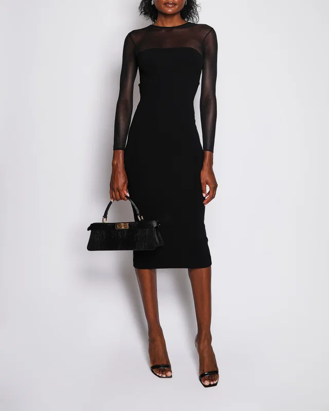 Prada Black Long-sleeve Midi Dress with Mesh Upper Panel and Back Slit Detail IT 36 (UK 4) in Black from Sellier