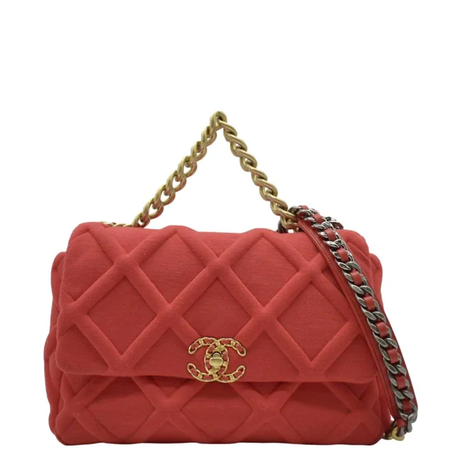 CHANEL 19 Flap Quitled Jersey Lambskin Shoulder Bag Red in Red Lambskin from Dallas Designer Handbags