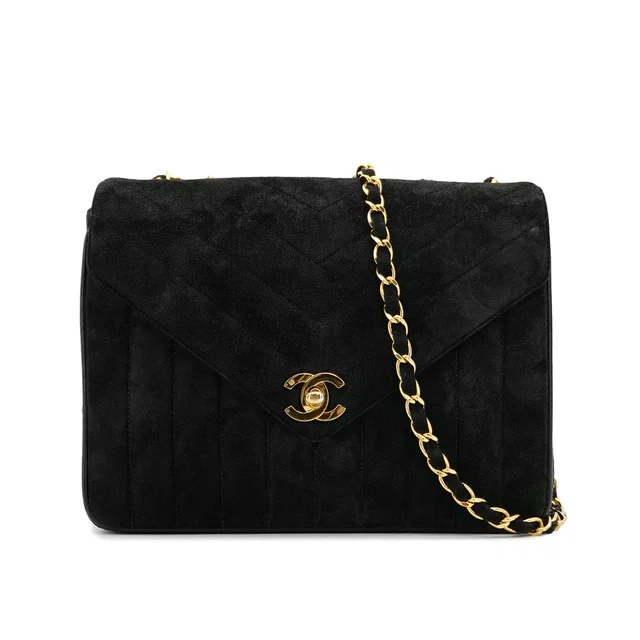 Chanel Vintage V Stitch Chain Shoulder Bag Black Suede Gold Hardware in Black Suede from Luxury Promise