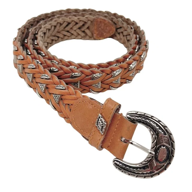 Vintage 1980's Unisex Omega Western Belt Size L Braided Leather Metal Accents in red|silver|brown|gray Leather from Poshmark