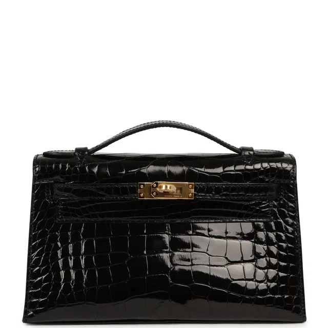 Hermès Special Order (HSS) Kelly Pochette Black Verso Shiny Alligator Gold Hardware in Black Crocodile from Madison Avenue Couture