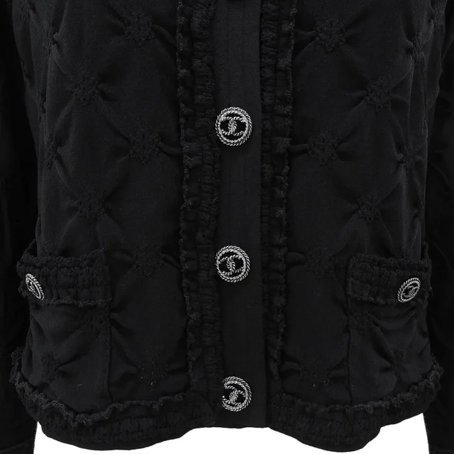 Chanel CC Mark Button Punching Design Collarless Seven-Quarter Sleeve Cardigan #42 Black in Black from VINTAGE QOO TOKYO, photo 2 of 2