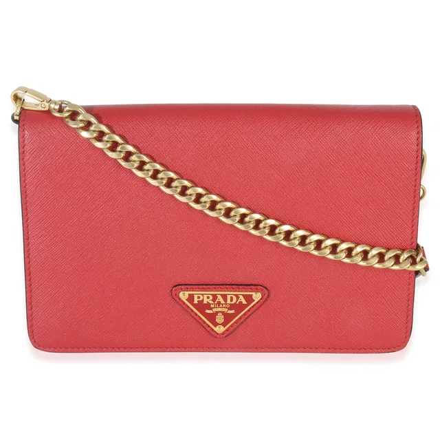 Prada Red Saffiano Triangle Logo Mini Crossbody Leather Handbag in Red Saffiano leather from HEWI