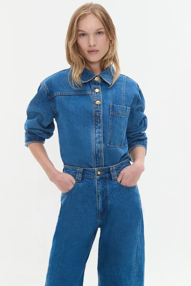 AJE Rylan Long Sleeve Denim Shirt in Blue from Aje, photo 1 of 1