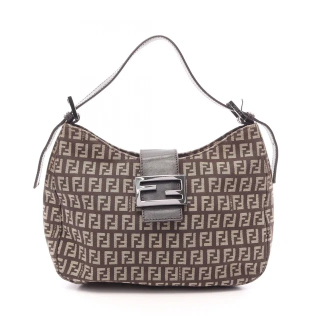 Fendi Shoulder Bag Zucchino Dark Brown Beige Canvas Leather in Brown Canvas from The Reluxe