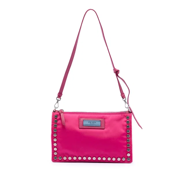 Pink Prada Tessuto Studded Etiquette Shoulder Bag in Pink Nylon from Designer Revival